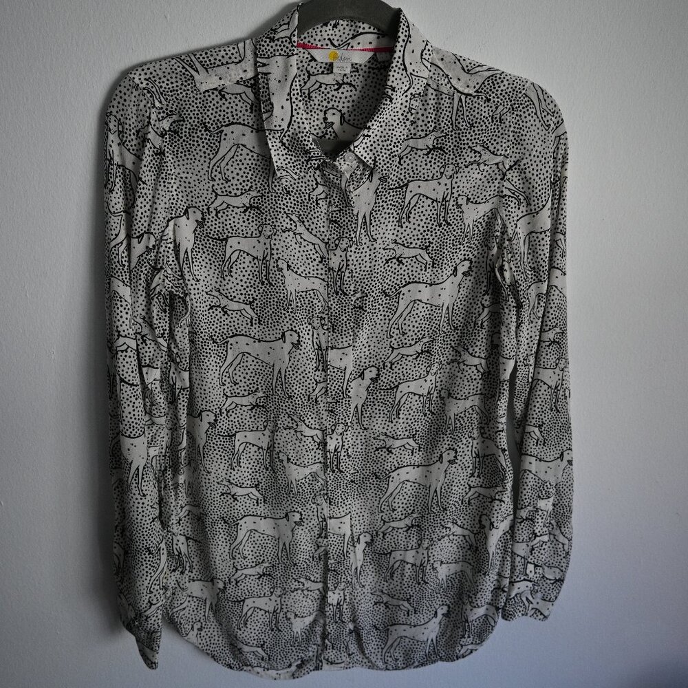 Boden Collared Silk Blouse – Black & White Dalmatian – Size 4